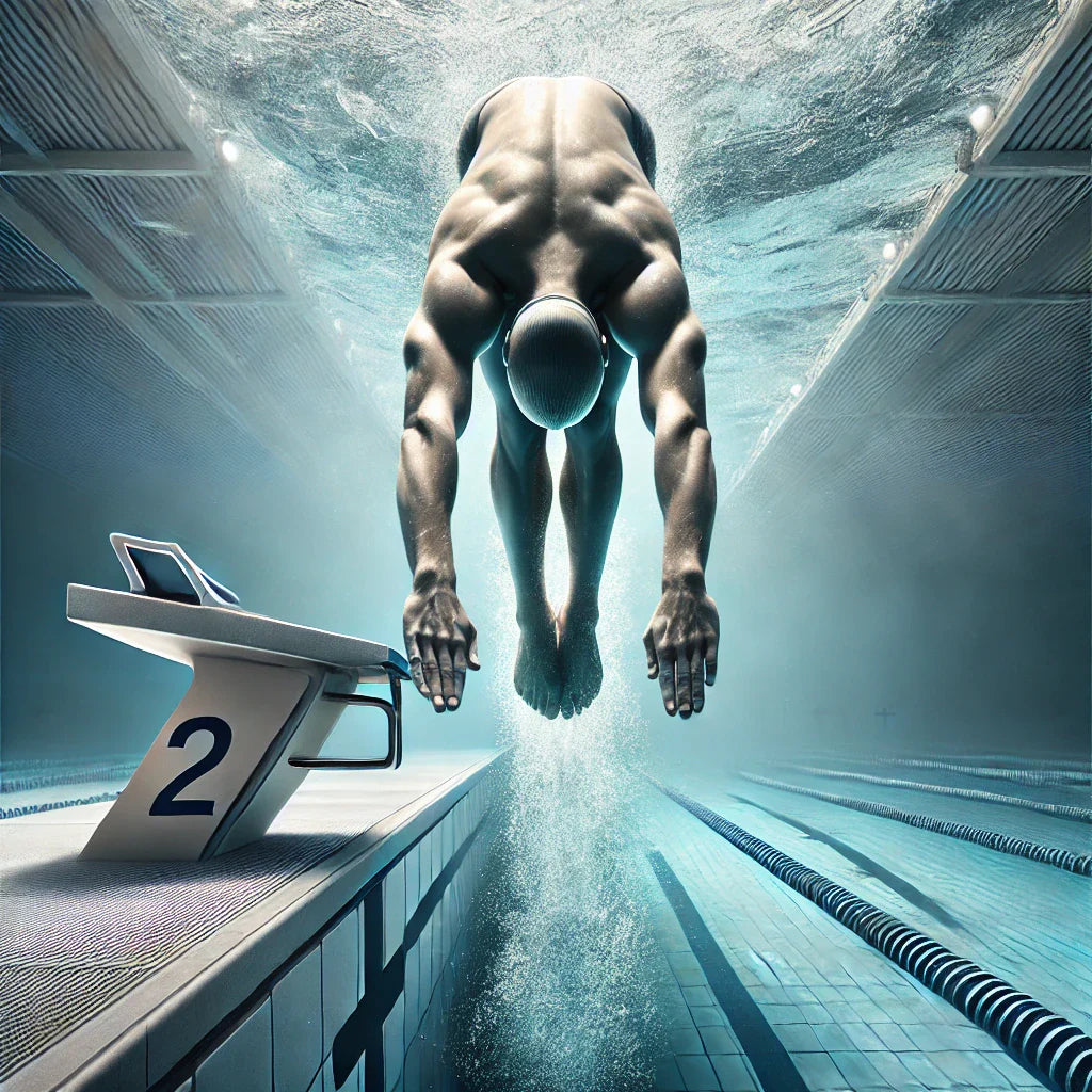 Swimmer performing a streamlined dive from the starting blocks into a competition pool, demonstrating proper technique with extended arms, tight streamline, and minimal splash entry.