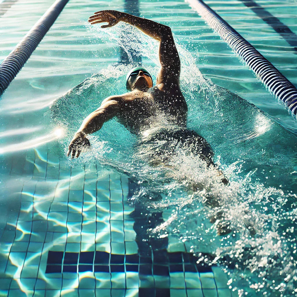 swimmer performing the backstroke in a pool, showcasing proper technique with a streamlined body position, strong arm pull, and efficient kick
