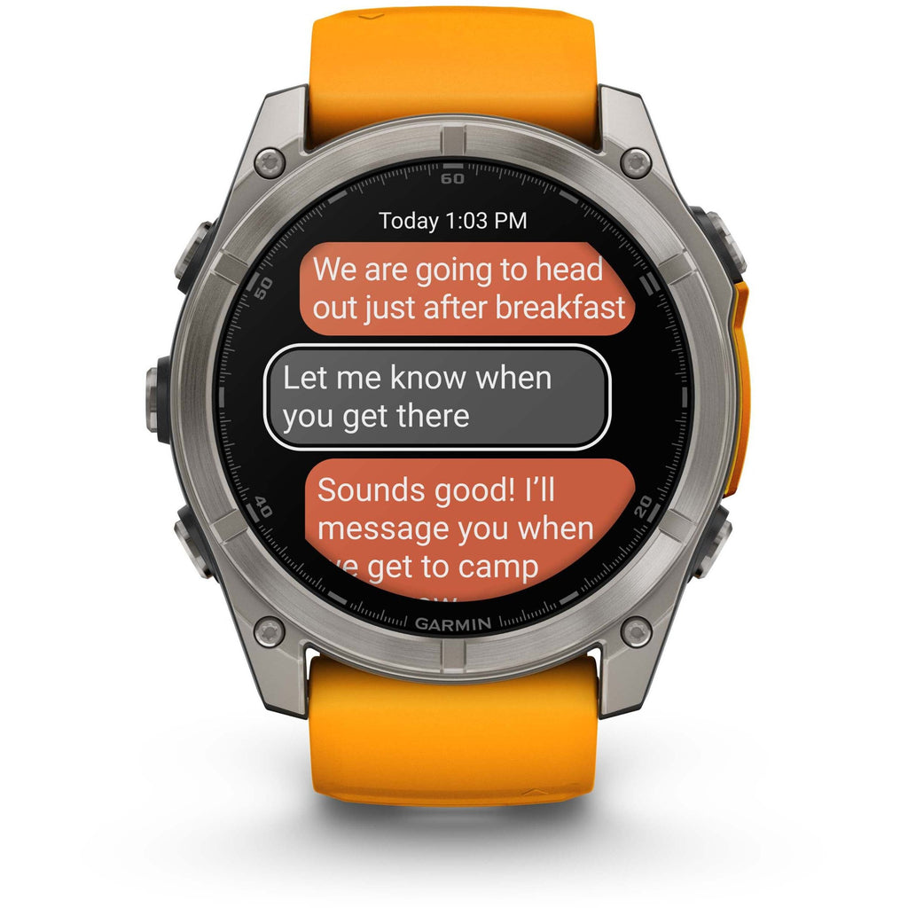 Garmin Fenix 8 AMOLED Sapphire. Titanium/Spark Orange. Front view.