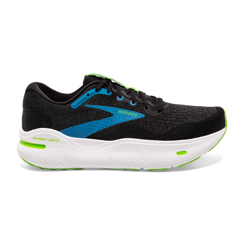 Men's Brooks Ghost Max. Black upper. White midsole. Lateral view.