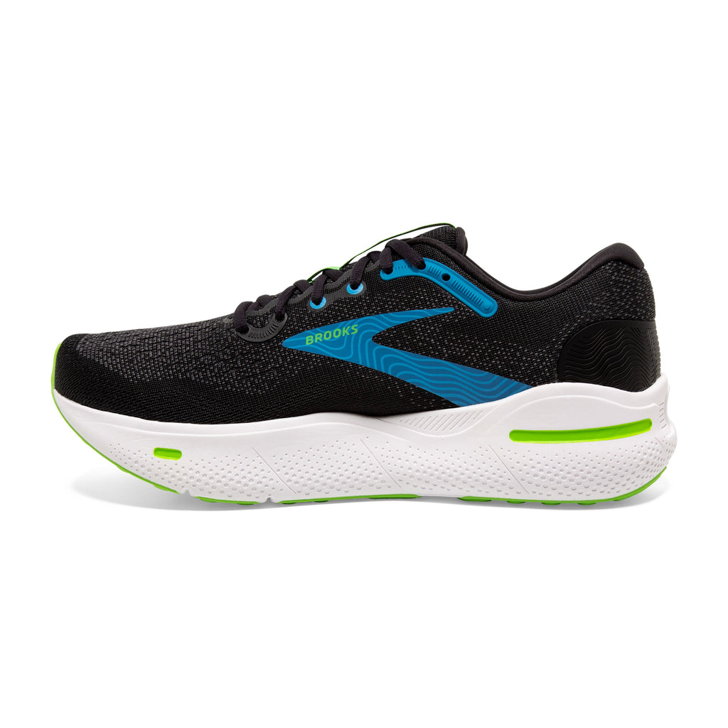 Men's Brooks Ghost Max. Black upper. White midsole. Medial view.