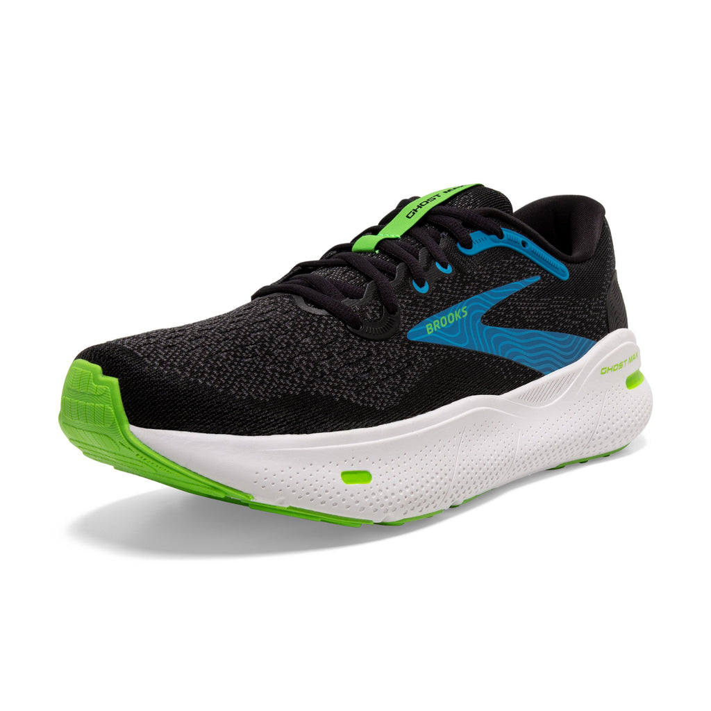 Men's Brooks Ghost Max. Black upper. White midsole. Lateral view.