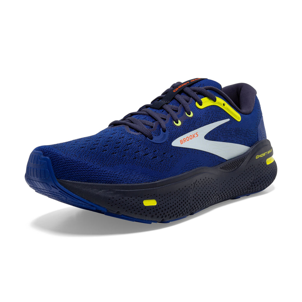 Men's Brooks Ghost Max. Blue upper. Black midsole. Lateral view.