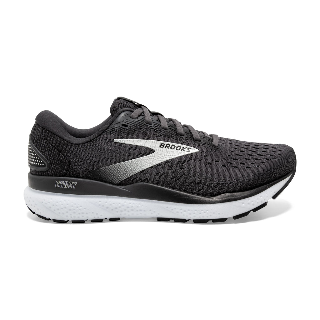 Men's Brooks Ghost 16. Black upper. White midsole. Lateral view.