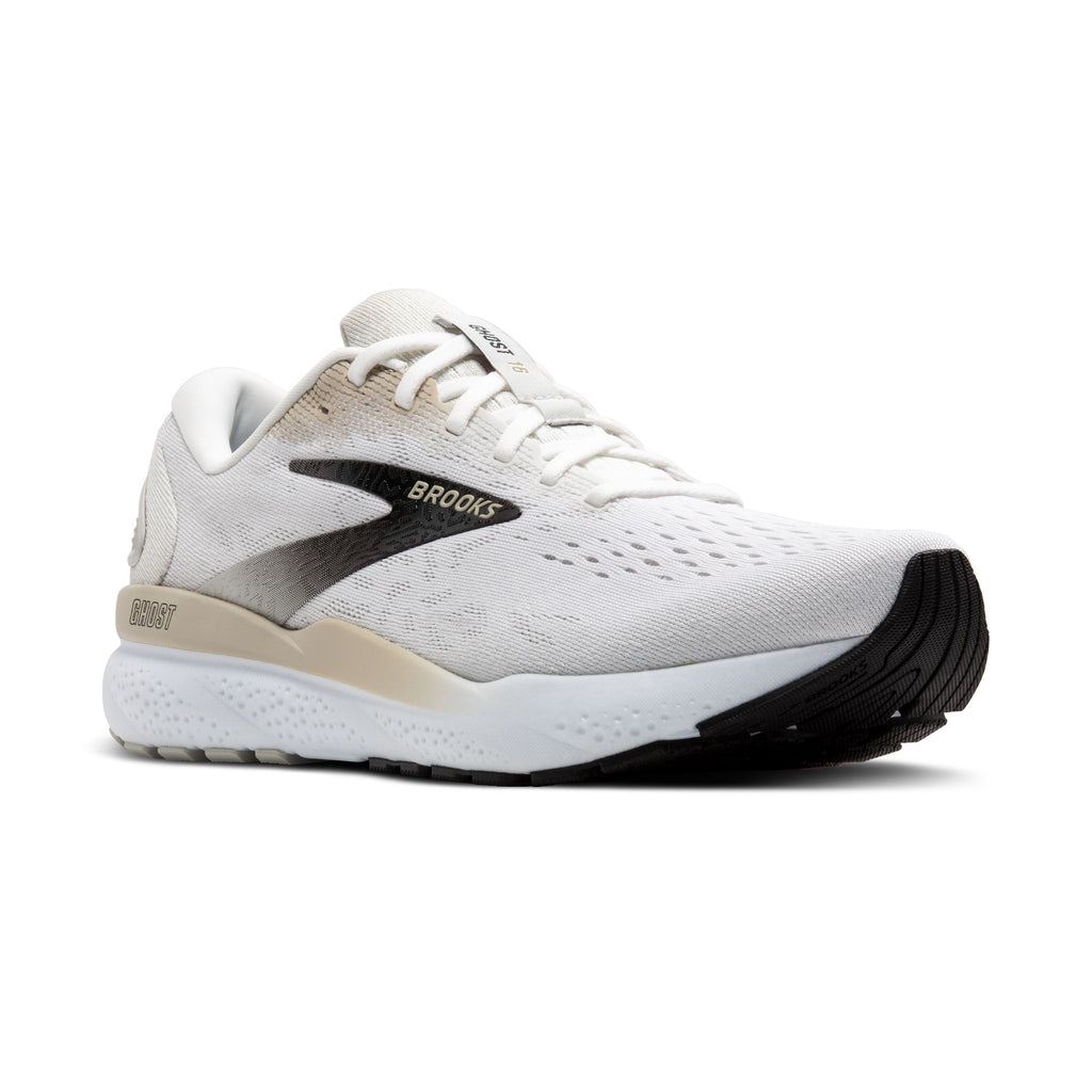 Men's Brooks Ghost 16. White upper. White midsole. Lateral view.