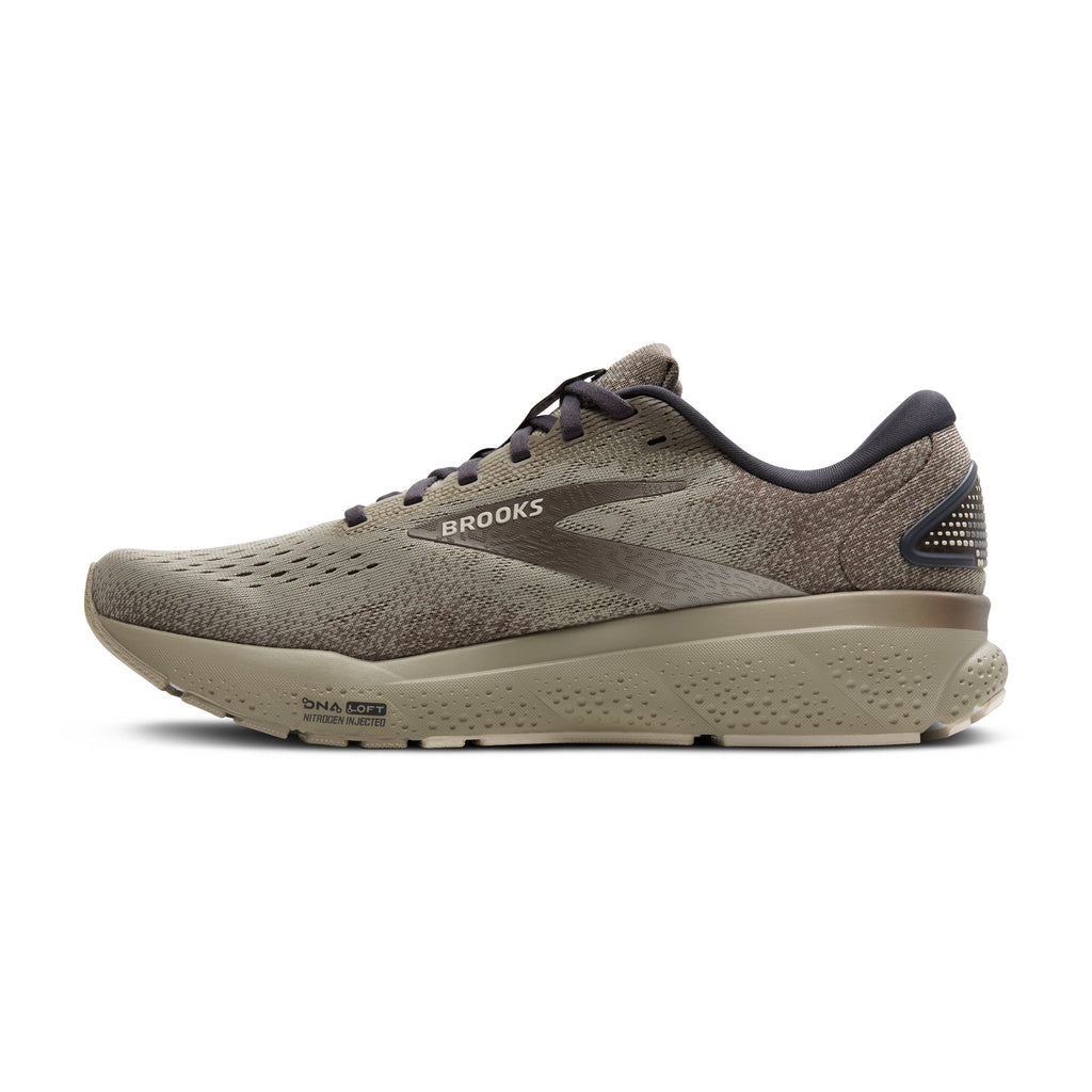Men's Brooks Ghost 16. Green/Brown upper. Green/Brown midsole. Medial view.