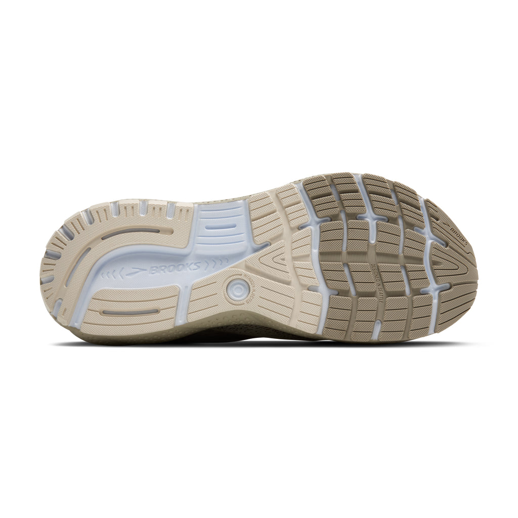 Men's Brooks Ghost 16. Green/Brown upper. Green/Brown midsole. Bottom view.