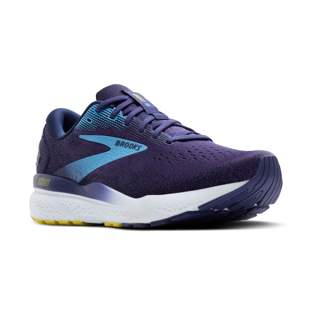 Men's Brooks Ghost 16. Dark Blue upper. White midsole. Lateral view.