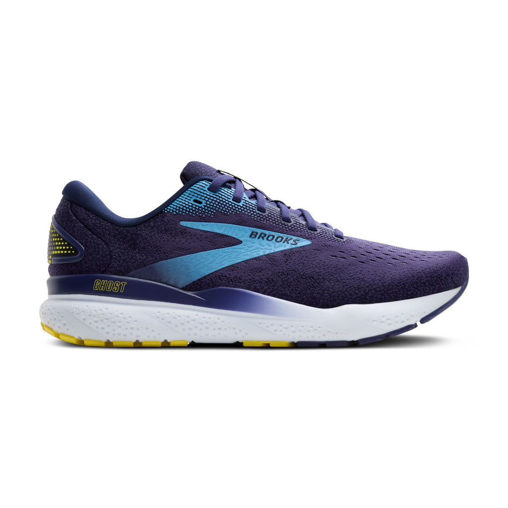 Men's Brooks Ghost 16. Dark Blue upper. White midsole. Lateral view.