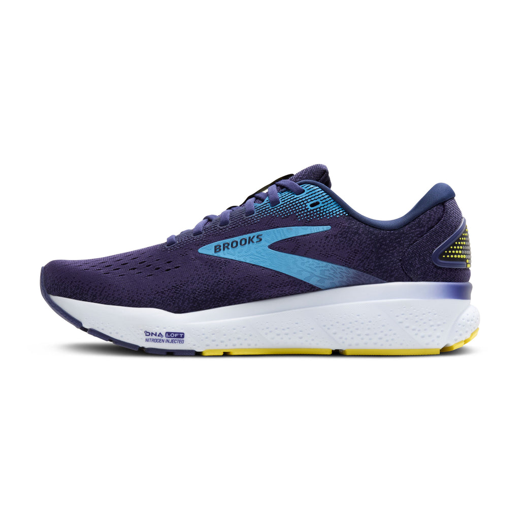 Men's Brooks Ghost 16. Dark Blue upper. White midsole. Medial view.