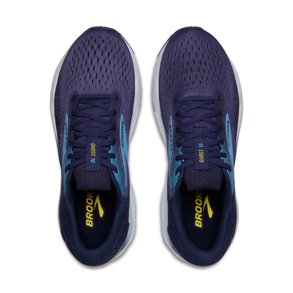 Men's Brooks Ghost 16. Dark Blue upper. White midsole. Top view.