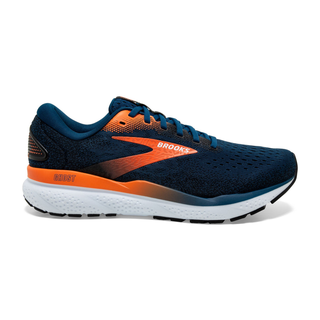 Men's Brooks Ghost 16. Blue upper. White midsole. Lateral view.