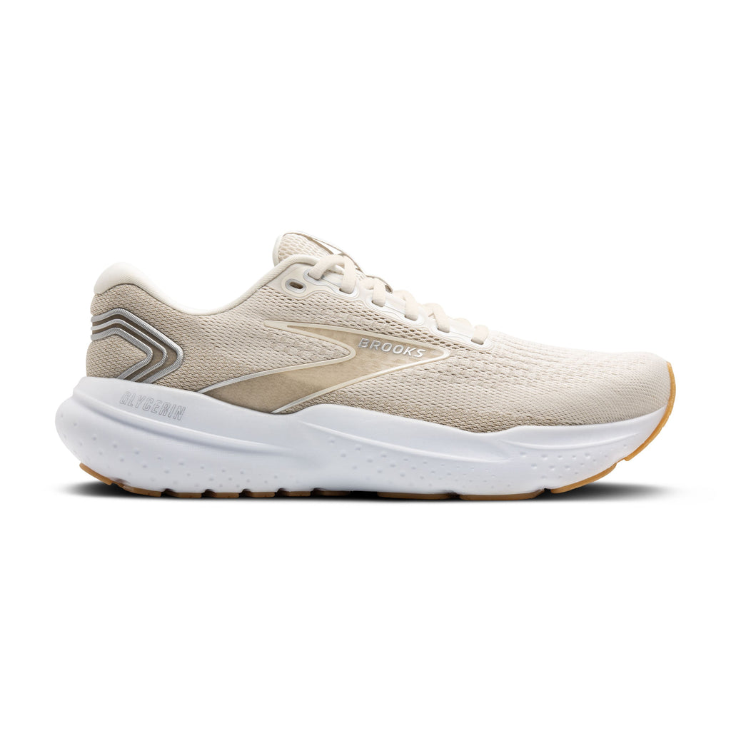 Men's Brooks Glycerin 21. Off white upper. White midsole. Lateral view.