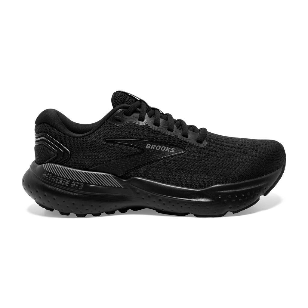 Men's Brooks Glycerin GTS 21. Black upper. Black midsole. Lateral view.