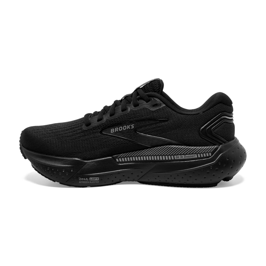 Men's Brooks Glycerin GTS 21. Black upper. Black midsole. Medial view.