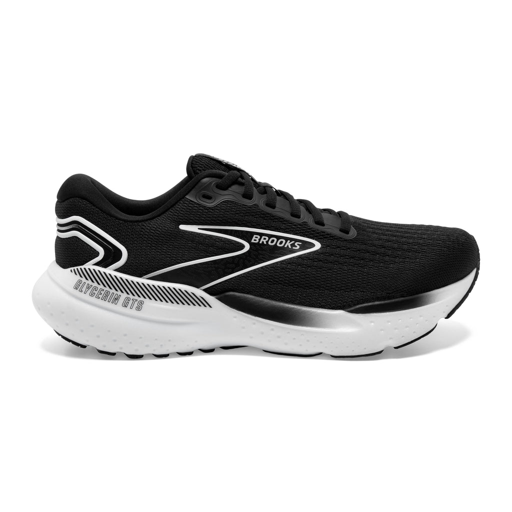 Men's Brooks Glycerin GTS 21. Black upper. White midsole. Lateral view.