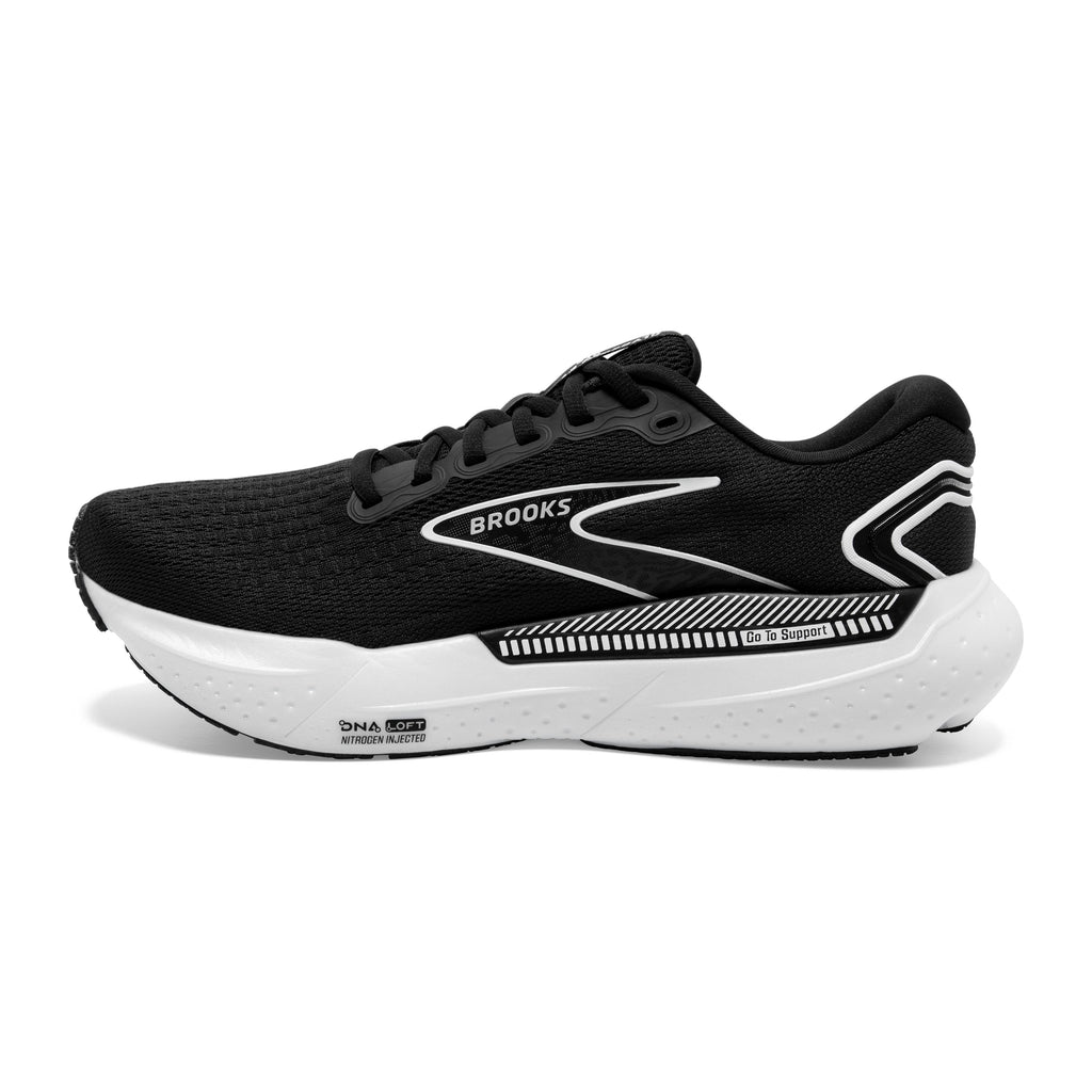 Men's Brooks Glycerin GTS 21. Black upper. White midsole. Medial view.