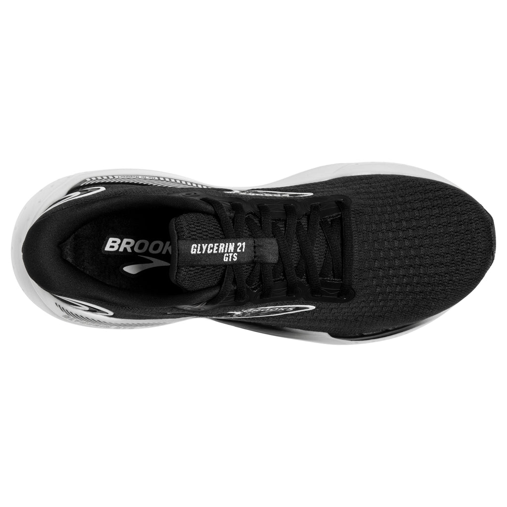 Men's Brooks Glycerin GTS 21. Black upper. White midsole. Top view.