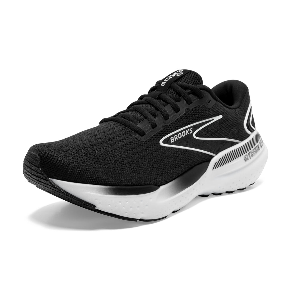 Men's Brooks Glycerin GTS 21. Black upper. White midsole. Lateral view.