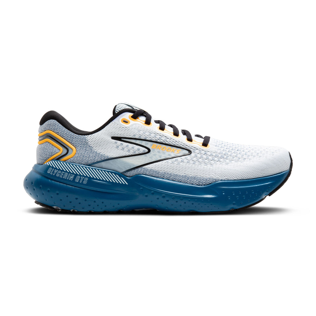 Men's Brooks Glycerin GTS 21. White upper. Blue midsole. Lateral view.