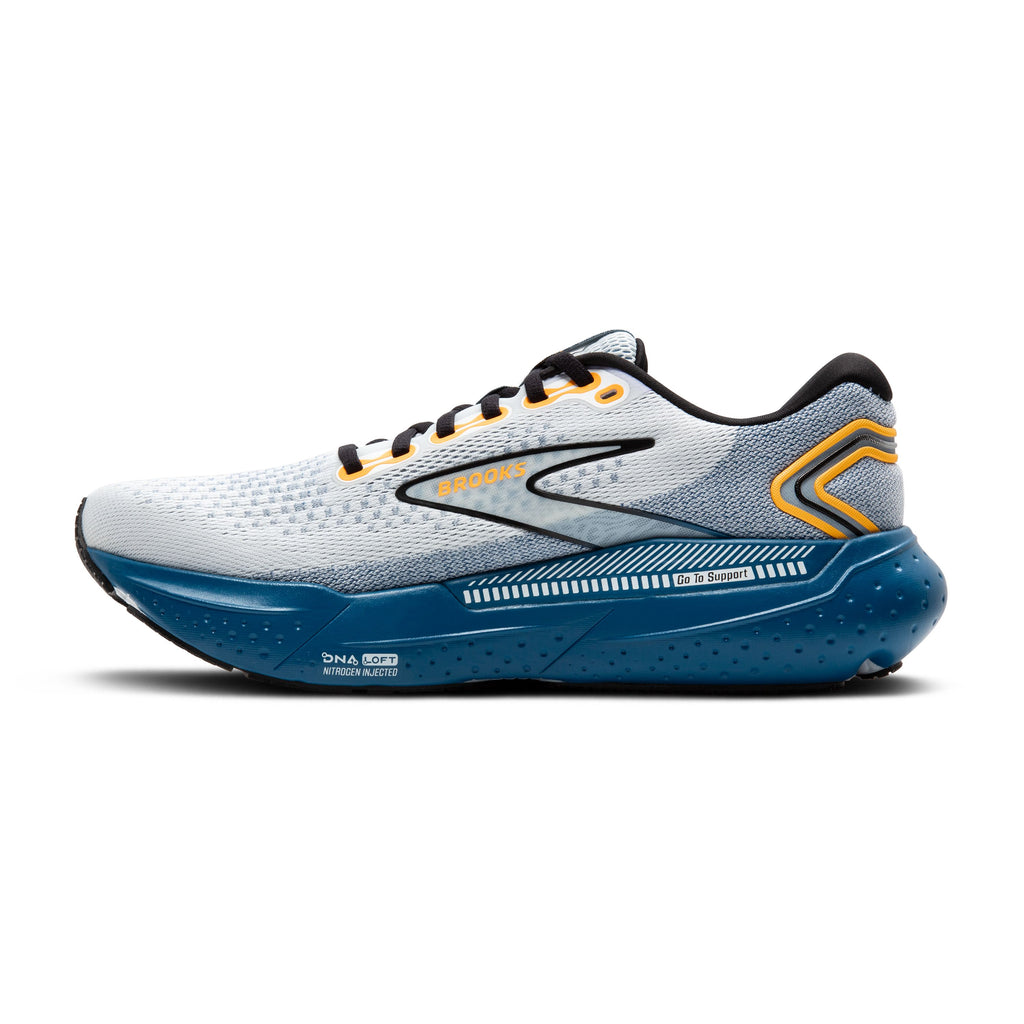 Men's Brooks Glycerin GTS 21. White upper. Blue midsole. Medial view.