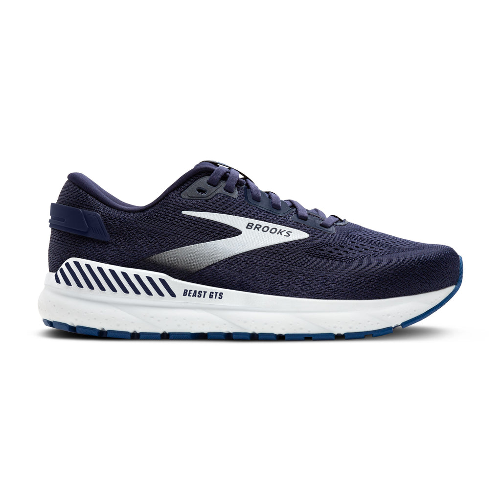 Men's Brooks Beast 24. Blue upper. White midsole. Lateral view.