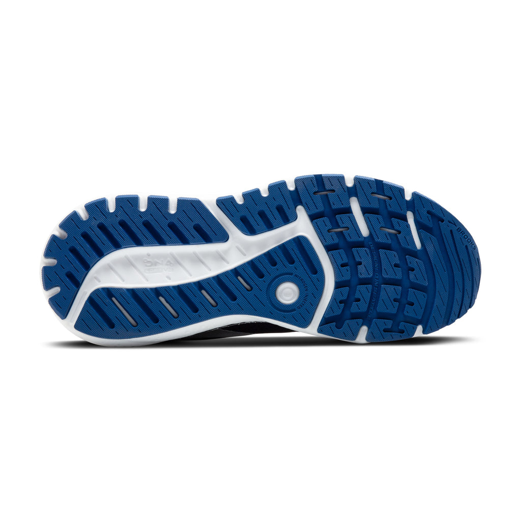 Men's Brooks Beast 24. Blue upper. White midsole. Bottom view.