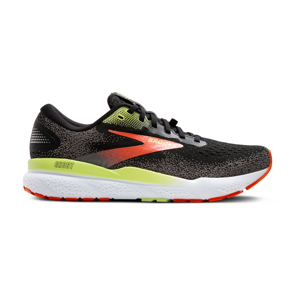 Men's Brooks Ghost 16 GTX. Black upper. White midsole. Lateral view.