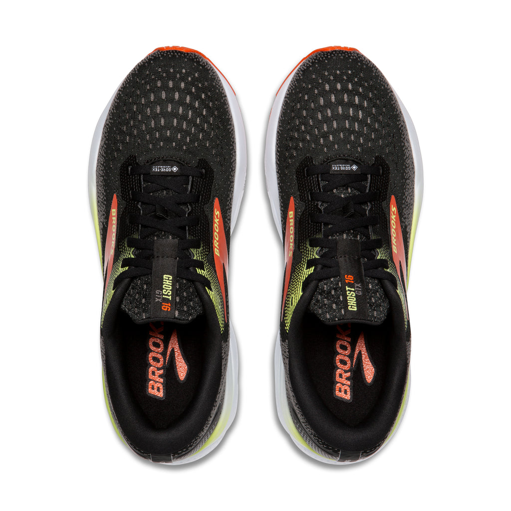 Men's Brooks Ghost 16 GTX. Black upper. White midsole. Top view.