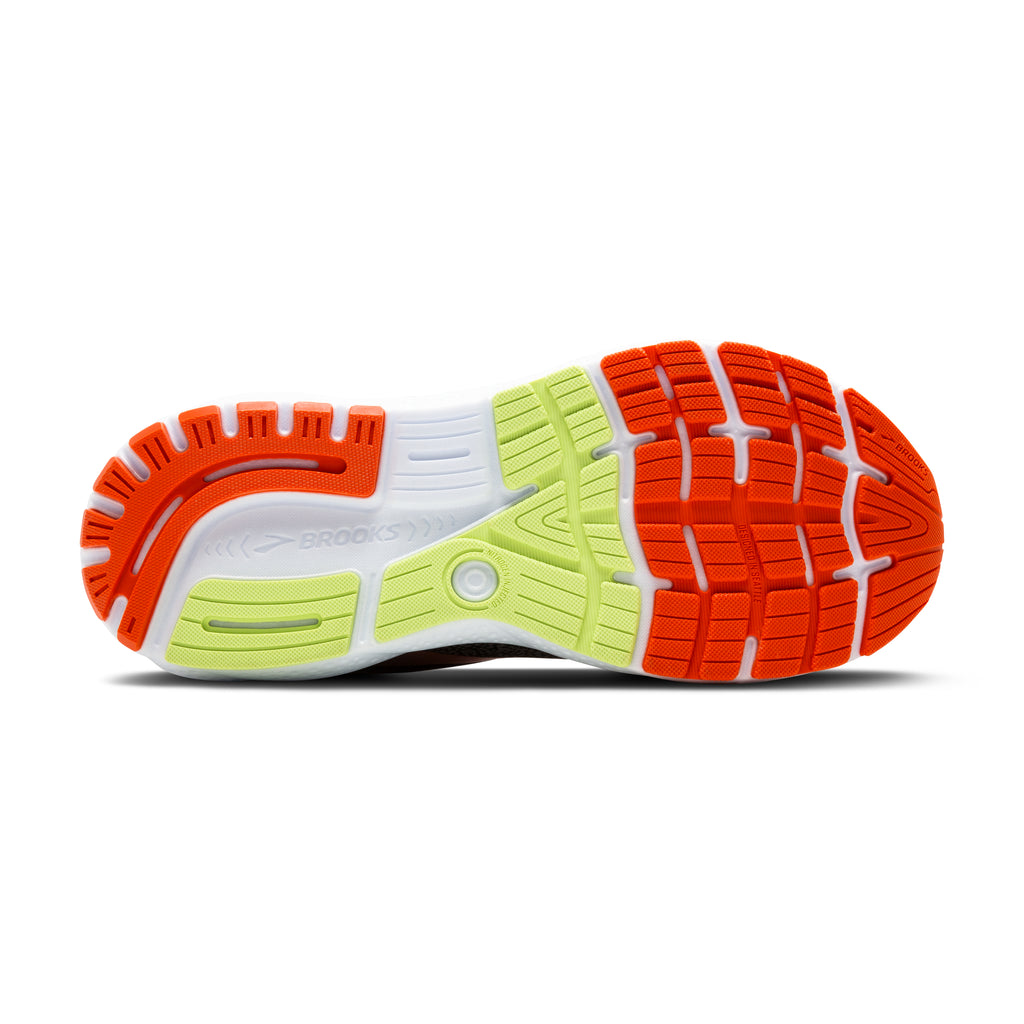 Men's Brooks Ghost 16 GTX. Black upper. White midsole. Bottom view.