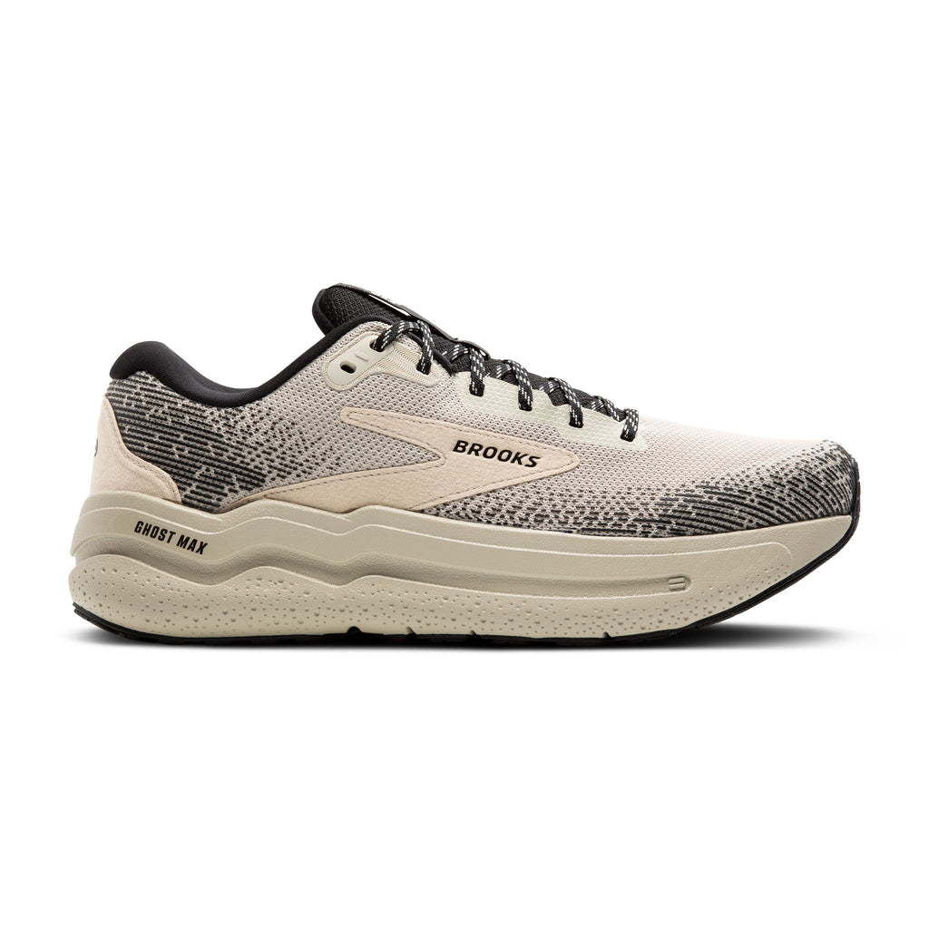 Men's Brooks Ghost Max 2. Off white/Black upper. Off white midsole. Lateral view.