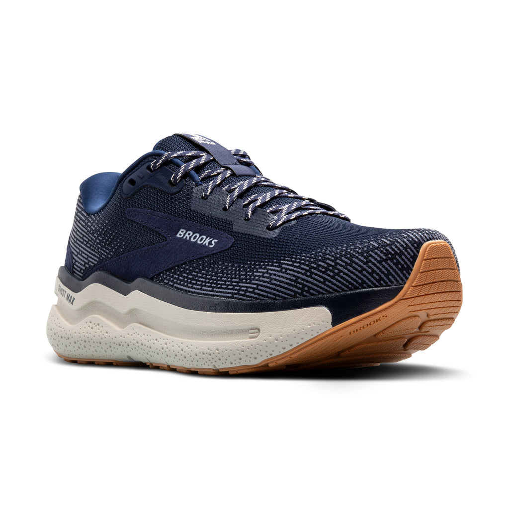 Men's Brooks Ghost Max 2. Navy upper. Grey midsole. Lateral view.