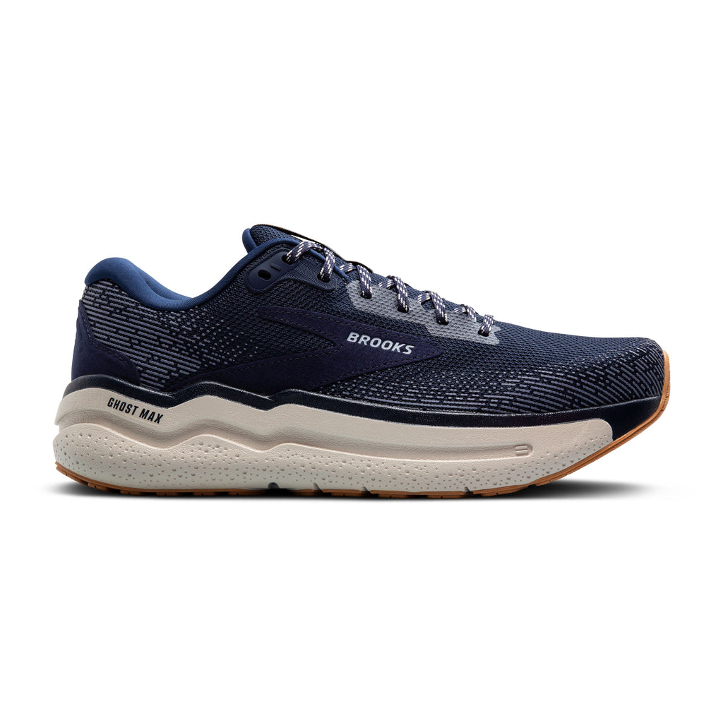 Men's Brooks Ghost Max 2. Navy upper. Grey midsole. Lateral view.