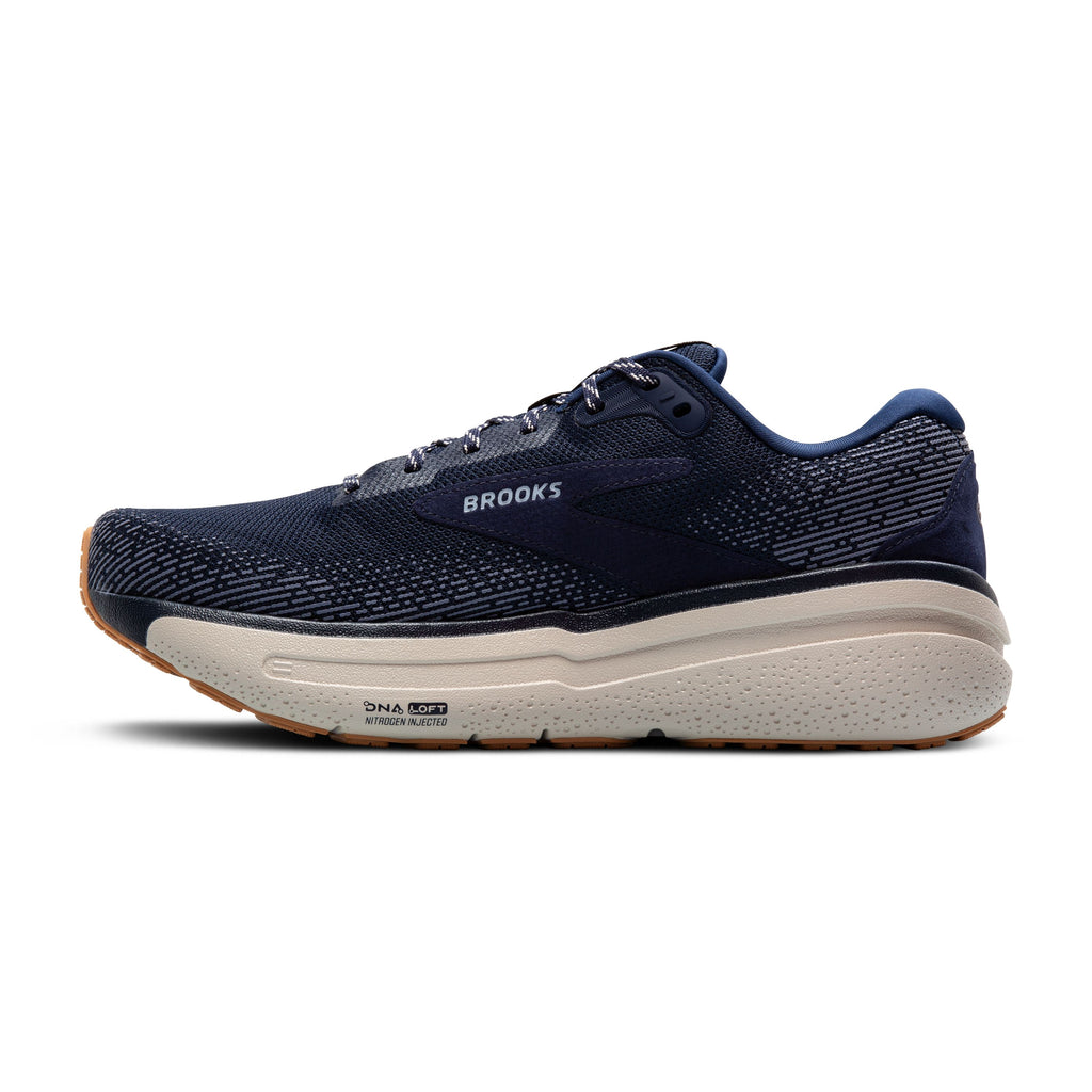 Men's Brooks Ghost Max 2. Navy upper. Grey midsole. Medial view.