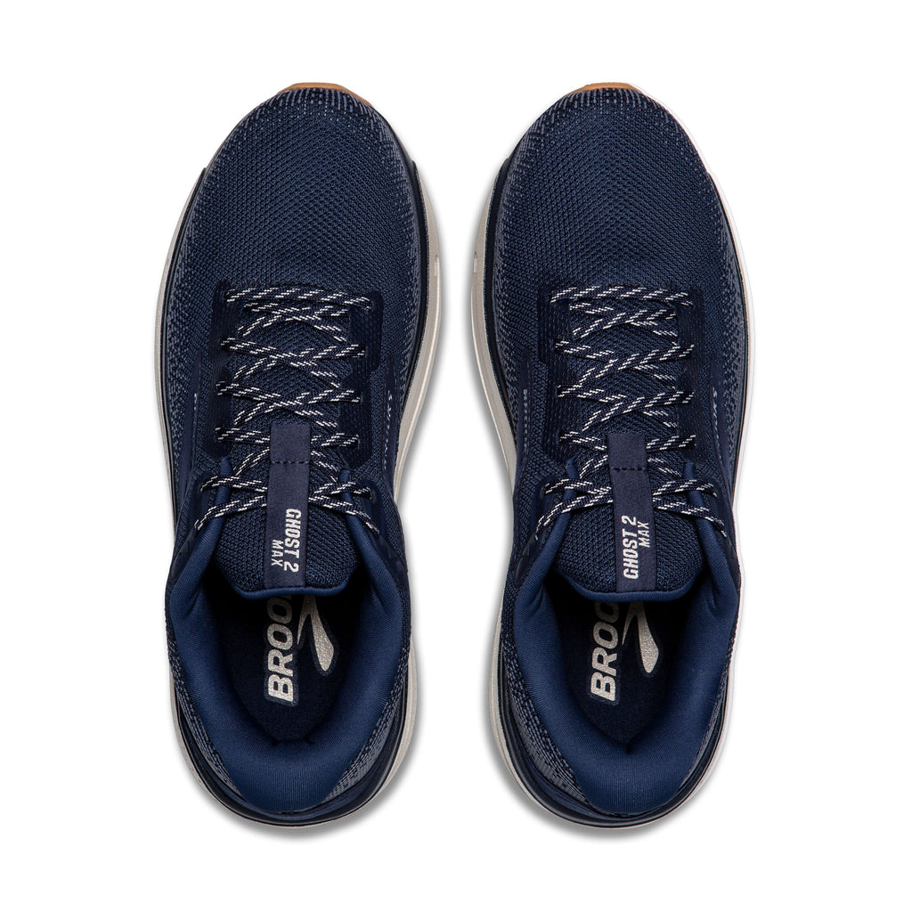 Men's Brooks Ghost Max 2. Navy upper. Grey midsole. Top view.