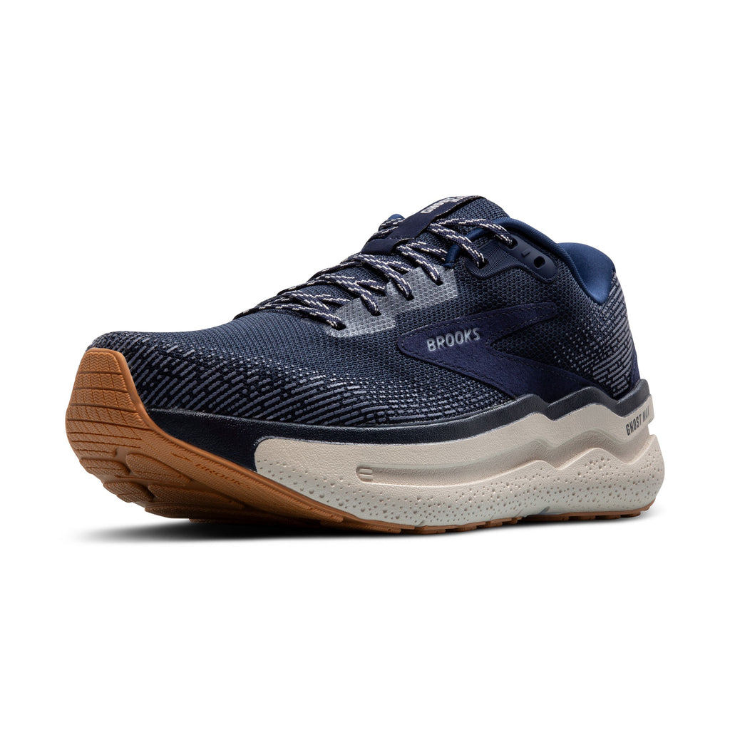 Men's Brooks Ghost Max 2. Navy upper. Grey midsole. Lateral view.