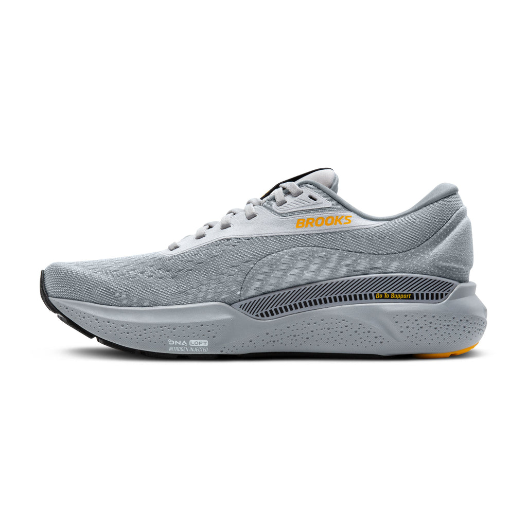 Men's Brooks Adrenaline GTS 24. Grey upper. Grey midsole. Medial view.