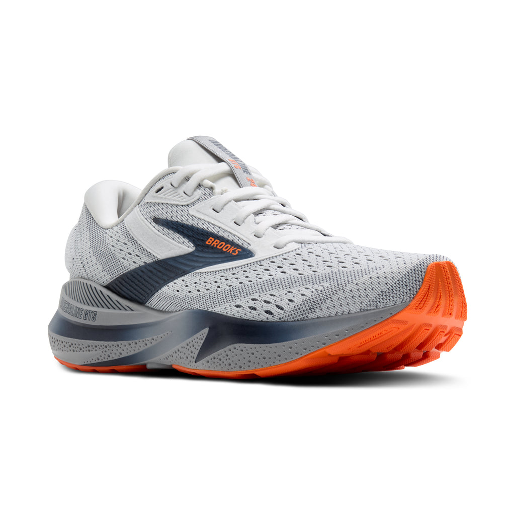 Men's Brooks Adrenaline GTS 24. White upper. Grey midsole. Lateral view.