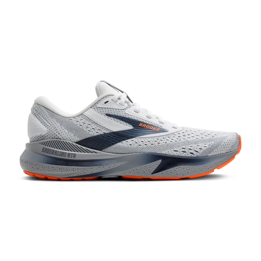 Men's Brooks Adrenaline GTS 24. White upper. Grey midsole. Lateral view.