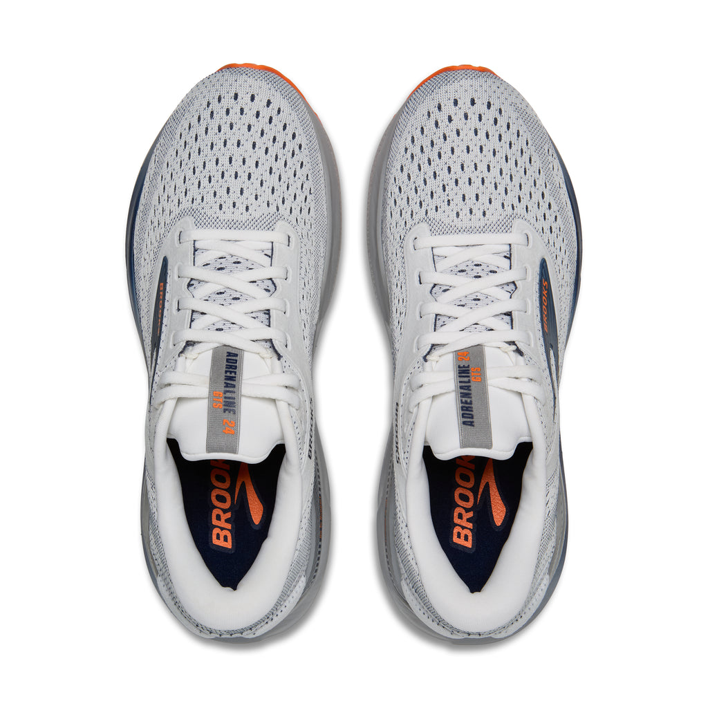 Men's Brooks Adrenaline GTS 24. White upper. Grey midsole. Top view.