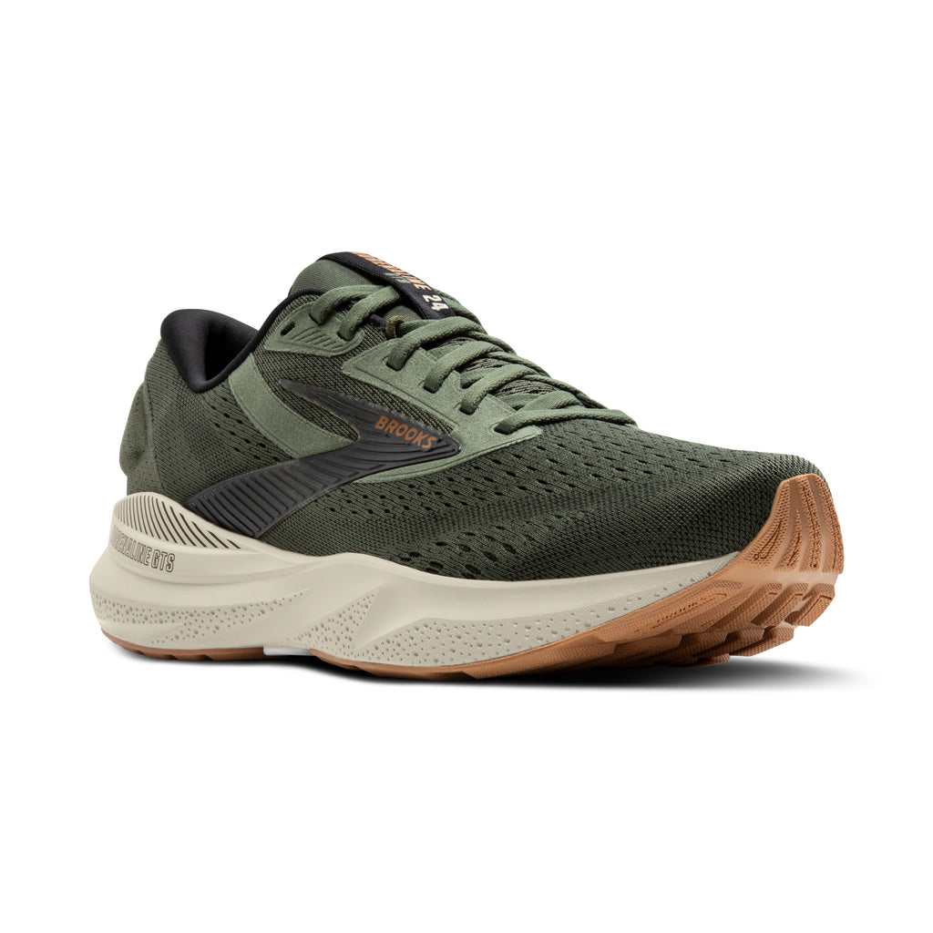 Men's Brooks Adrenaline GTS 24. Green upper. Tan midsole. Lateral view.