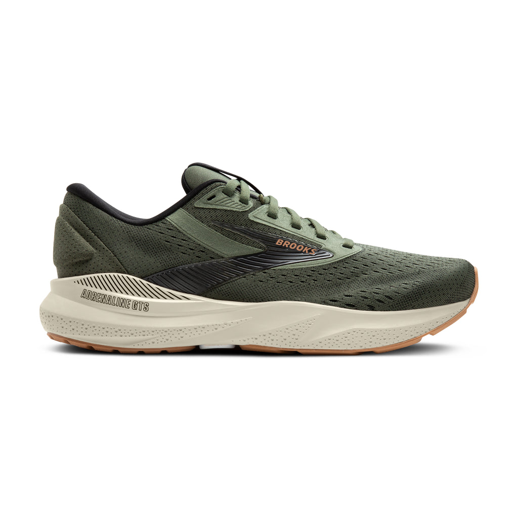 Men's Brooks Adrenaline GTS 24. Green upper. Tan midsole. Lateral view.