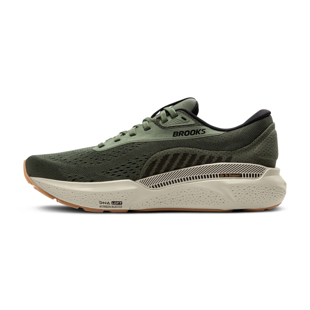 Men's Brooks Adrenaline GTS 24. Green upper. Tan midsole. Medial view.