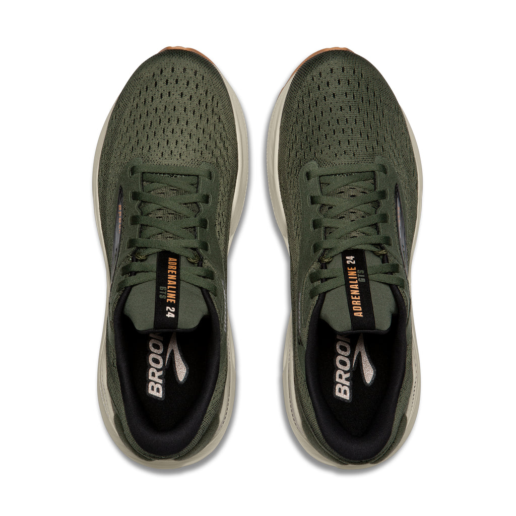 Men's Brooks Adrenaline GTS 24. Green upper. Tan midsole. Top view.