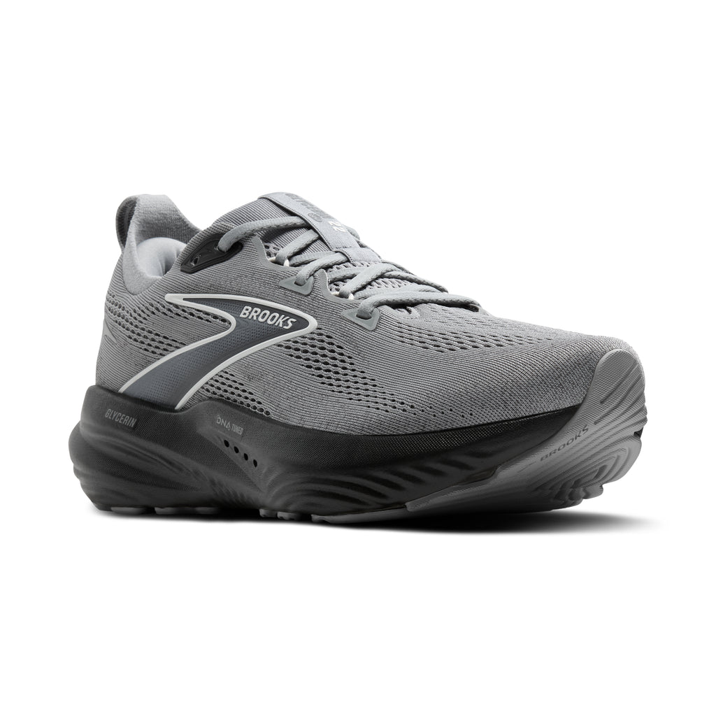 Men's Brooks Glycerin 22. Grey upper. Black midsole. Lateral view.