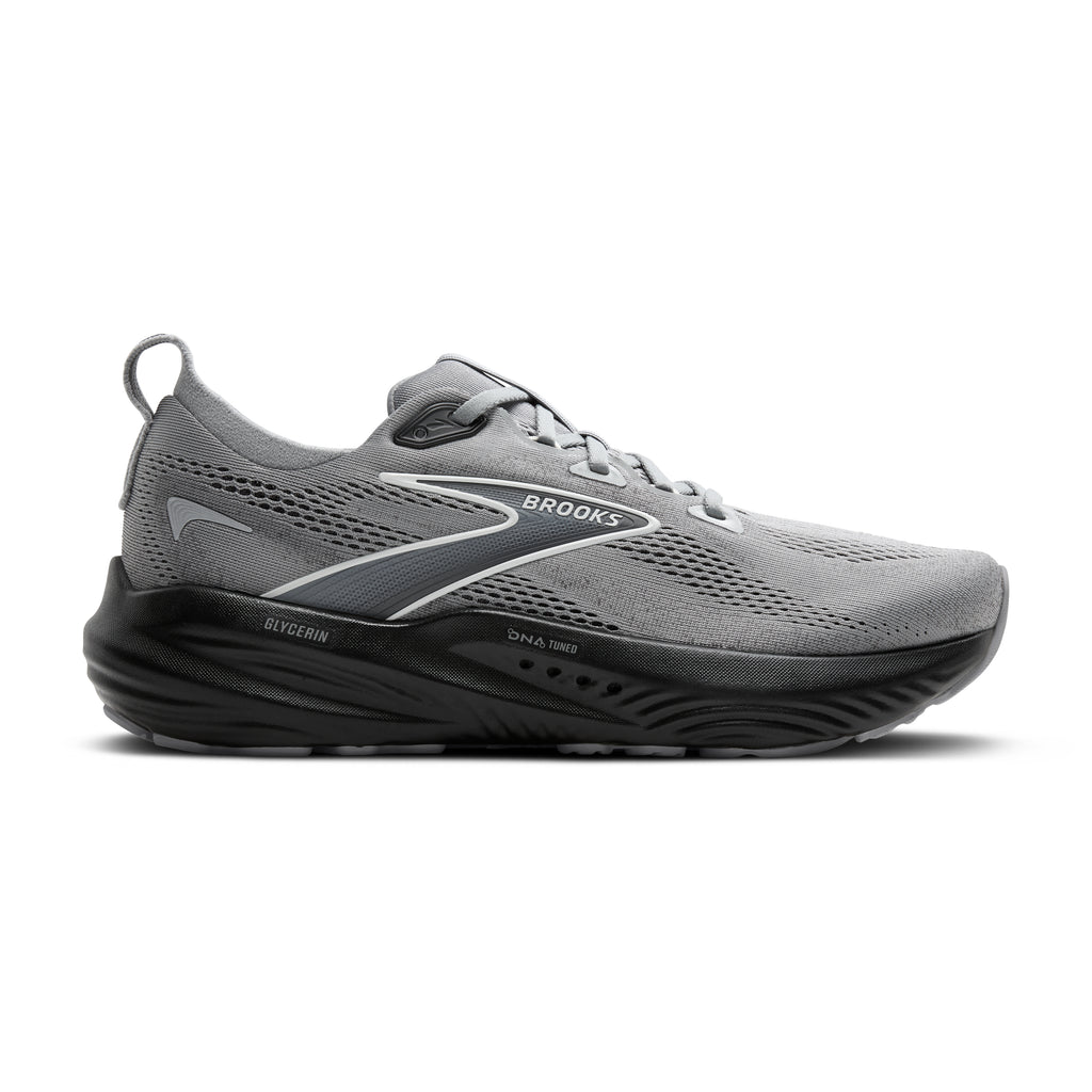 Men's Brooks Glycerin 22. Grey upper. Black midsole. Lateral view.