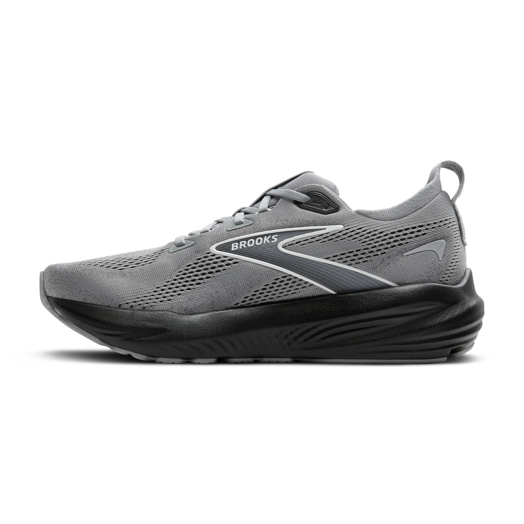 Men's Brooks Glycerin 22. Grey upper. Black midsole. Medial view.