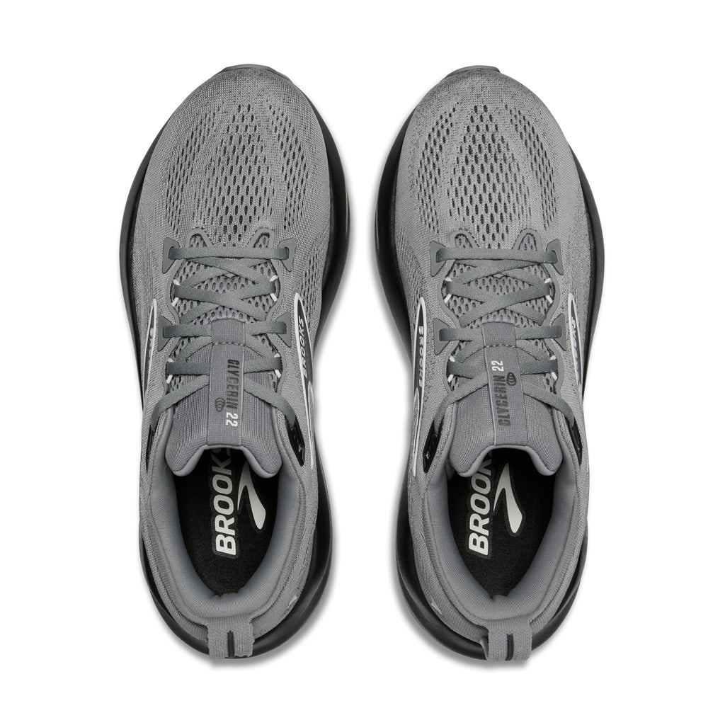 Men's Brooks Glycerin 22. Grey upper. Black midsole. Top view.