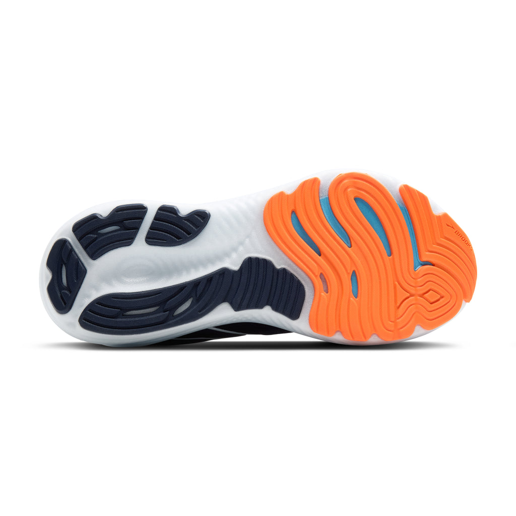 Men's Brooks Glycerin 22. Dark Blue upper. White midsole. Bottom view.