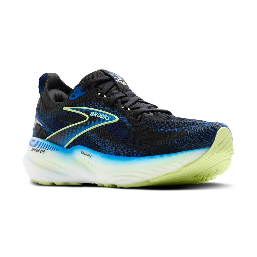 Men's Brooks Glycerin GTS 22. Black/Blue upper. White midsole. Lateral view.